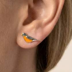 925 Silber Vogel Ohrstecker Orange Emaille